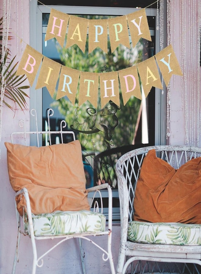 CROWNOS Rainbow Burlap Happy Birthday Banner - Prestrung Colorful Pastel Happy Birthday Sign, Boho Rainbow Birthday Party Decorations - Image 2